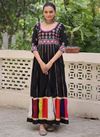 Lace, Mirror, Print and Thread Work Silk  Designer Gown In Black Colour