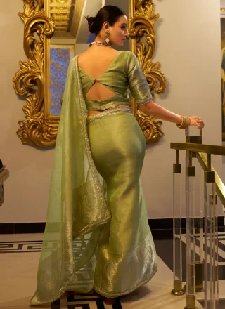Lace, Sequins, Weaving and Zari Work Shimmer Designer Saree In Green Colour