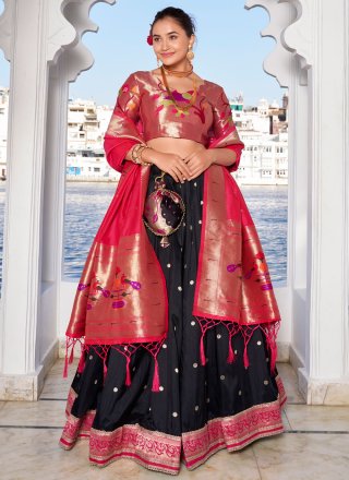 Lace, Weaving and Zari Work Jacquard Silk Lehenga Choli In Black