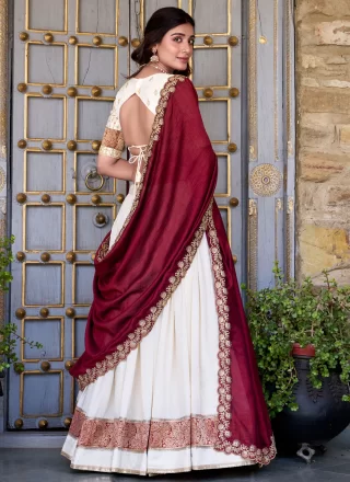 Lace, Weaving and Zari Work Vichitra Silk A - Line Lehenga Choli In White Colour