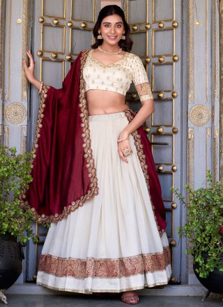 Lace, Weaving and Zari Work Vichitra Silk A - Line Lehenga Choli In White Colour