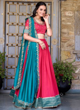 Lace, Weaving and Zari Work Vichitra Silk Lehenga Choli In Pink for Festival