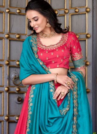 Lace, Weaving and Zari Work Vichitra Silk Lehenga Choli In Pink for Festival