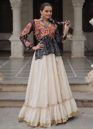 Lace Work Cotton Readymade Lehenga Choli In Off White Color