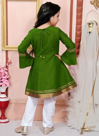 Lace Work Cotton Silk Readymade Salwar Suit In Green Color