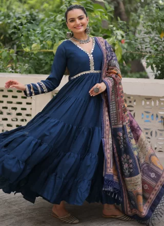 Lace Work Fancy Fabric Gown In Blue
