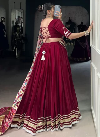 Lace Work Georgette Readymade Lehenga Choli In Maroon for Ceremonial