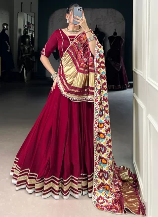 Lace Work Georgette Readymade Lehenga Choli In Maroon for Ceremonial
