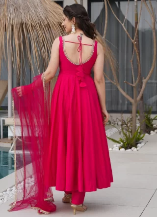 Lace Work Pure Silk Pant Style Suit In Fuchsia for Casual