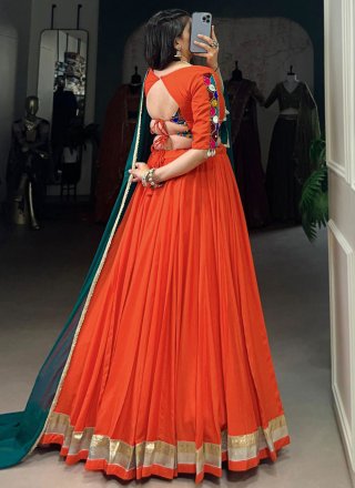 Lace Work Rayon Readymade Lehenga Choli In Orange Color