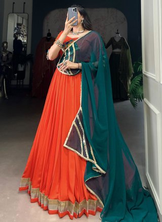 Lace Work Rayon Readymade Lehenga Choli In Orange Color