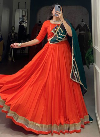 Lace Work Rayon Readymade Lehenga Choli In Orange Color