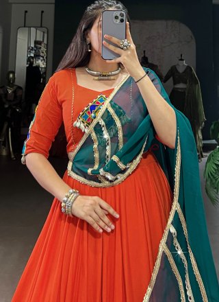 Lace Work Rayon Readymade Lehenga Choli In Orange Color