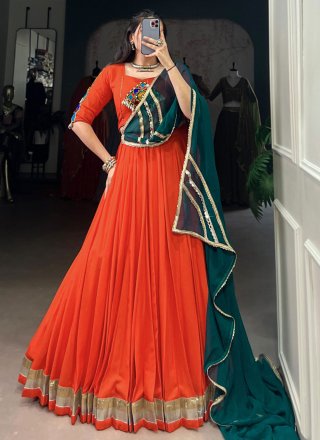 Lace Work Rayon Readymade Lehenga Choli In Orange Color