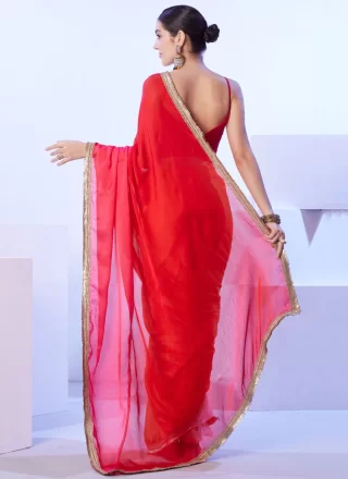 Lace Work Satin Casual Sari In Multi Colour