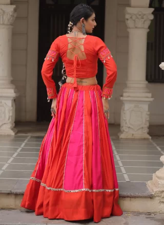 Lace Work Silk Readymade Lehenga Choli In Orange Colour