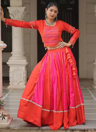 Lace Work Silk Readymade Lehenga Choli In Orange Colour