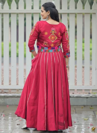 Lace Work Silk Readymade Lehenga Choli In Rani Color
