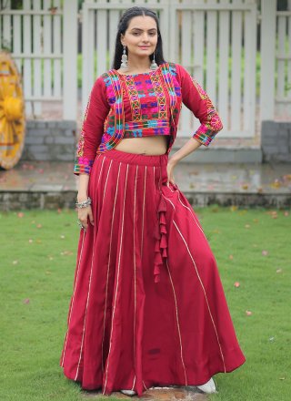 Lace Work Silk Readymade Lehenga Choli In Rani Color