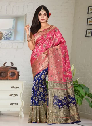 Latest Blue and Pink Kanjivaram Silk Classic Saree with Hand Work