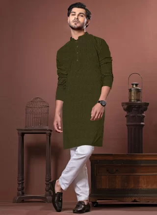 Latest Green Cotton Kurta Pyjama with Fancy Work