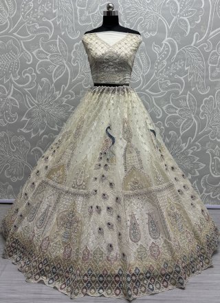 Latest Off White Net Lehenga Choli with Dimond, Dori, Embroidered, Fancy, Multi, Sequins, Thread, Zari and Zircon Work