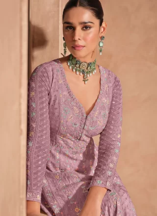 Lavender and Magenta Chinon Gown with Embroidered and Sequins Work for Engagement