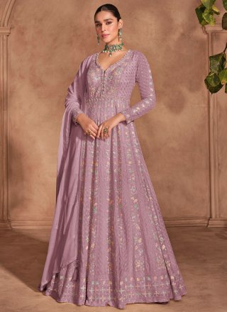 Lavender and Magenta Chinon Gown with Embroidered and Sequins Work for Engagement