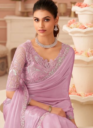 Lavender and Pink Chiffon Patch Border, Embroidered and Zari Work Trendy Saree for Ceremonial