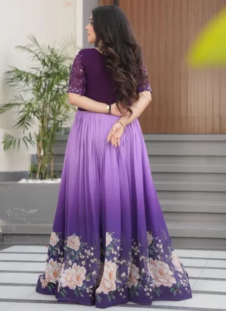 Lavender and Purple Faux Georgette  Designer Gown with Beads, Embroidered and Floral Patch Work