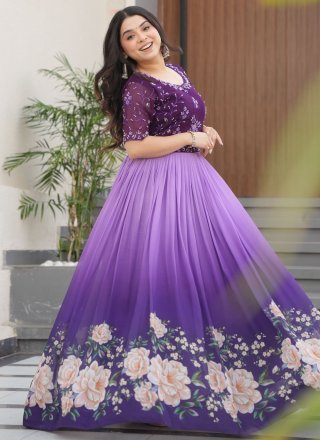 Lavender and Purple Faux Georgette  Designer Gown with Beads, Embroidered and Floral Patch Work