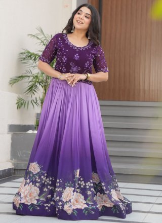 Lavender and Purple Faux Georgette  Designer Gown with Beads, Embroidered and Floral Patch Work