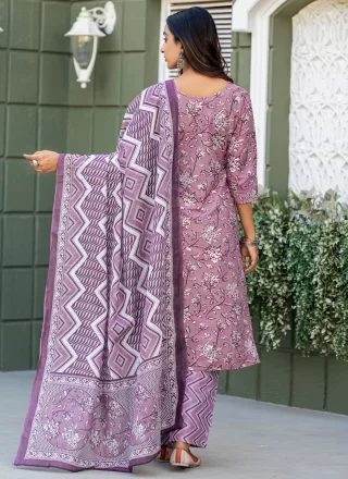 Lavender Blended Cotton Print Work Salwar Suit
