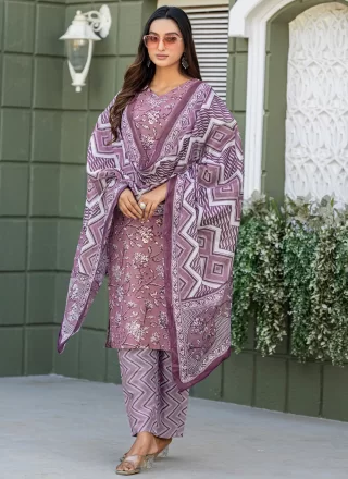 Lavender Blended Cotton Print Work Salwar Suit