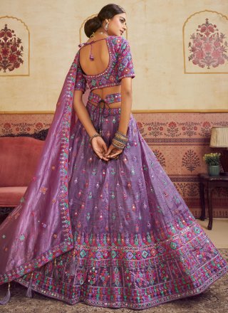 Lavender Booti, Embroidered, Fancy, Mirror and Thread Work Organza A - Line Lehenga Choli