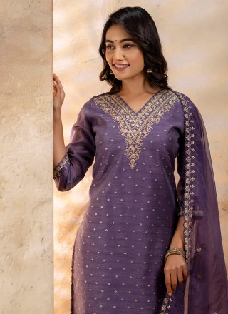 Lavender Chanderi Silk Embroidered Work Salwar Suit for Engagement