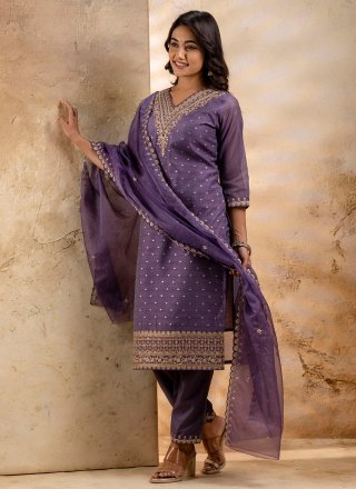 Lavender Chanderi Silk Embroidered Work Salwar Suit for Engagement