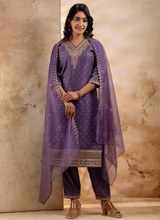 Lavender Chanderi Silk Embroidered Work Salwar Suit for Engagement