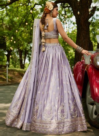 Lavender Chiffon A - Line Lehenga Choli with Embroidered, Sequins and Zari Work