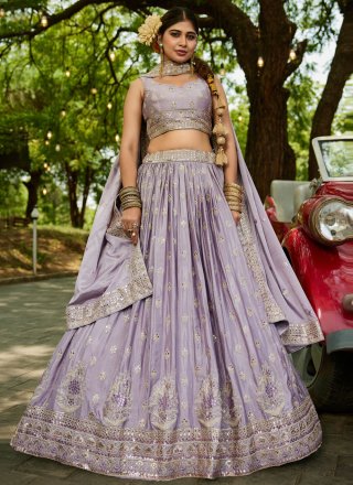 Lavender Chiffon A - Line Lehenga Choli with Embroidered, Sequins and Zari Work