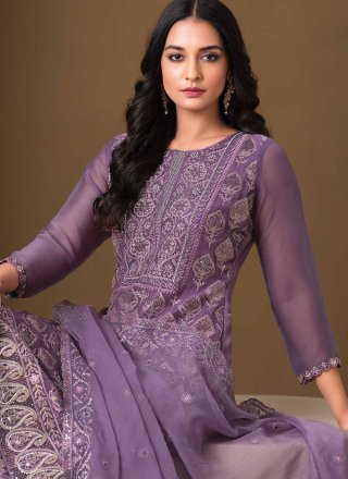 Lavender Chiffon Embroidered, Lucknowi Work, Sequins and Stone Work Salwar Suit for Ceremonial