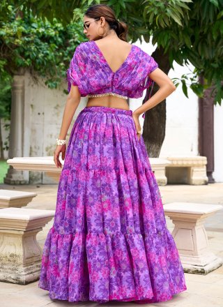 Lavender Chiffon Readymade Lehenga Choli with Floral Patch Work
