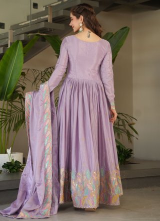 Lavender Chinon  Designer Gown with Patch Border, Embroidered, Lace and Zari Work