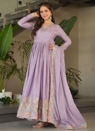 Lavender Chinon  Designer Gown with Patch Border, Embroidered, Lace and Zari Work