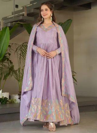 Lavender Chinon  Designer Gown with Patch Border, Embroidered, Lace and Zari Work