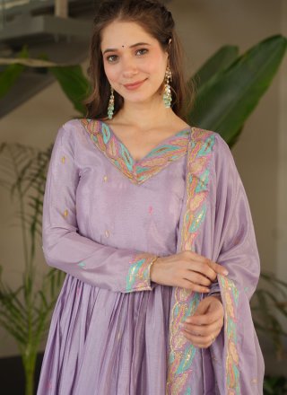Lavender Chinon  Designer Gown with Patch Border, Embroidered, Lace and Zari Work