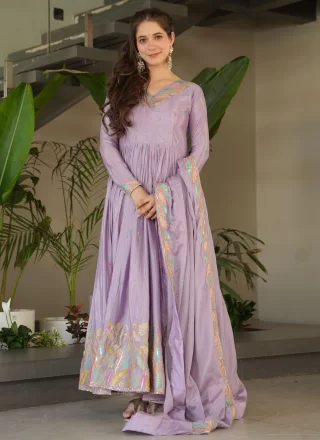 Lavender Chinon  Designer Gown with Patch Border, Embroidered, Lace and Zari Work