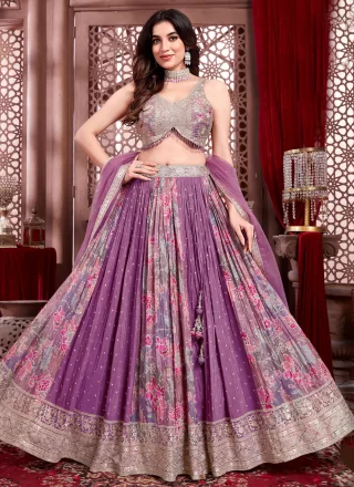 Lavender Chinon Embroidered, Floral Patch, Sequins and Zari Work Readymade Lehenga Choli for Engagement