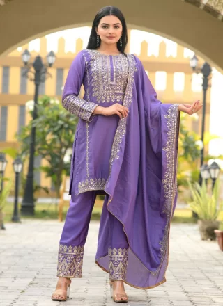 Lavender Chinon Pant Style Suit with Sequins and Zari Work