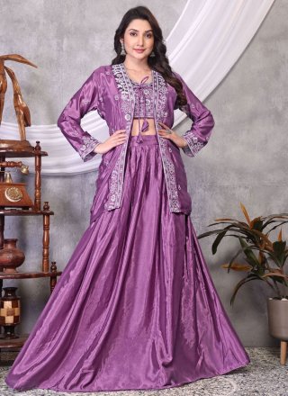 Lavender Chinon Plain Work Readymade Lehenga Choli